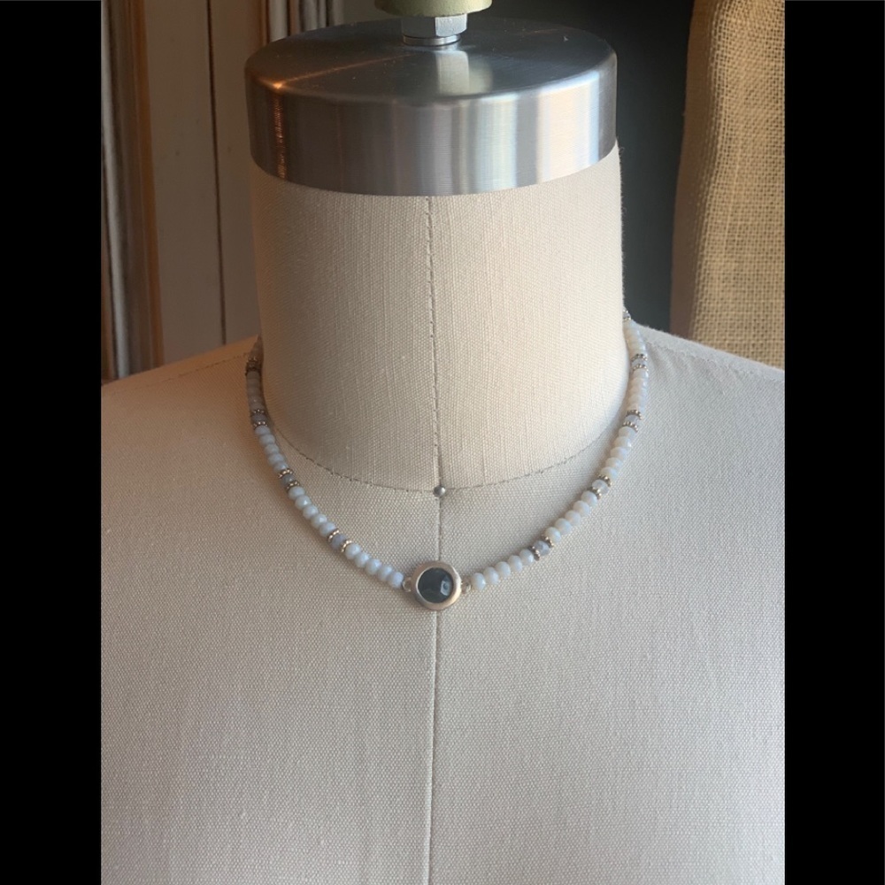 Gold Accent White Beaded Necklace with Center Disc